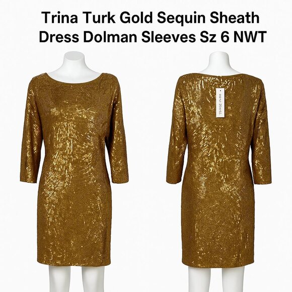 Trina Turk Gold Sequin Sheath Dress Dolman Sleeves Sz 6 NWT - Picture 1 of 10